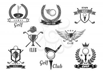 Golf sport club symbol set. Golf club with ball on tee, champion trophy cup, hole and flag with heraldic shield and laurel wreath, ribbon banner, crown and star. Sporting competition theme design