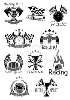 Racing sport club or car speed races sport icons. Motor bike rally symbols set of sportscar firing helmet and wheel tires or checkered start flag. Vector victory ribbons and winner cup for championshi