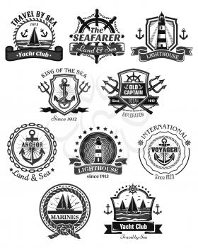 Yacht club nautical and marine heraldic icons set. Vector symbols of seafarer helm and sailor compass or knot, ship anchor and life buoy. Badges and ribbons with chains, trident and voyager boat