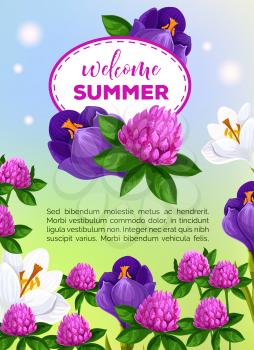 Welcome Summer vector greeting card of summertime flowers bouquets. Floral design of blooming iris, viola and crocus or clover blossoms and butterfly in sunny green lawn for summer holiday poster