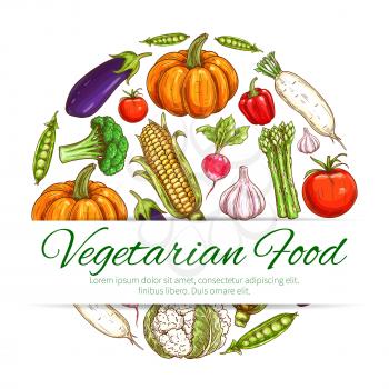Vegetable round symbol of vegetarian food. Tomato, pepper, broccoli, radish, garlic, eggplant, corn, pumpkin, green pea, asparagus, daikon and cauliflower fresh veggies for farm market label design