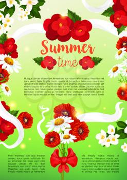 Summertime holiday greeting poster of poppy and begonia flowers bouquet and white flourish ribbons. Vector bunch of summer crocus or viola and garden lily, tulip or daffodil blossoms and daisy petals