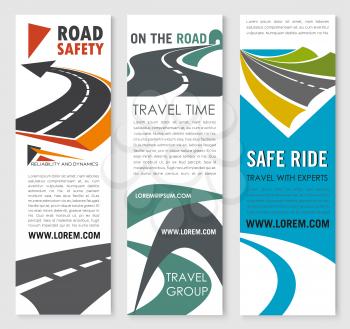 Road safety, travel and car trip banner set. Turn of asphalt highway, road tunnel, coastal freeway with sand roadside and green hill symbol for web banner, flyer and brochure cover design