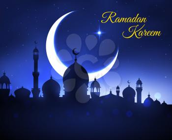 Ramadan Kareem greeting card. Muslim mosque silhouette on night sky background with moon crescent and shining stars for religion festival of holy month Ramadan poster design
