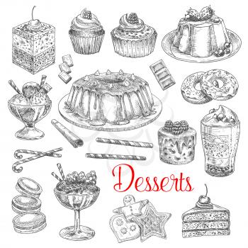 Dessert cakes and pies vector sketch icons. Waffle biscuits, sweet pastry muffins and brownie muffins with cherry and cream topping. Isolated set of tiramisu torte and charlotte pudding tart and ice c