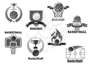 Basketball club championship or tournament award vector icons. Isolated symbols of basketball ball and winner cup prize or champion ribbon with trophy laurel wreath and stars