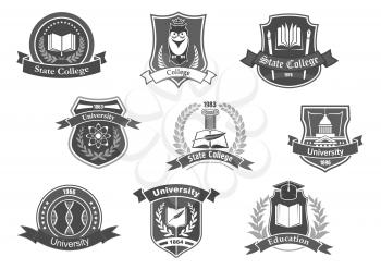 College, university and academy vector icons or badges set. Isolated symbols of science books, owl in graduation cap, paper sheet and writing pen with laurel ribbon and wreath on shields for high scho