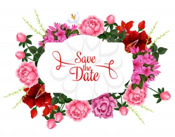 Save the Date wedding greeting or invitation design icon of floral bouquet wreath. Vector flourish blooming roses, cherry blossoms and spring crocus or iris flowers bunch for celebration