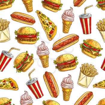 Fast food pattern of sketched sandwich, burger and cheeseburger, pizza slice with french fries, hot dog, soda drink and ice cream dessert, popcorn, donuts. Vector seamless background with unhealthy fa