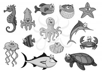 Cartoon sea fishes and ocean animals. Vector icons of seahorse and squid, octopus and flounder, starfish and jellyfish. Exotic clown fish and tuna, crab or lobster and shell mollusk, turtle and swordf