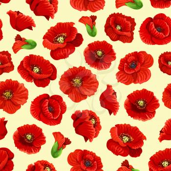 Floral poppy blossoms vector seamless pattern. Tile of blooming red flowers in garden and flourish field of spring petals in bloom for tracery or textile adornment design