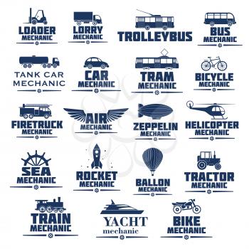 Transport mechanics icons set. Vector isolated symbols of passenger and industrial rail or air vehicles and machinery of bus, car or airplane, boat or yacht, train or tram and ship