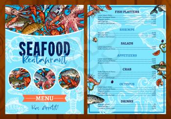 Seafood or fish food restaurant menu template. Vector price design for fishing catch dishes of fish platter, shrimps and mussels or fresh oysters. Appetizers of salmon, crab and octopus or tuna