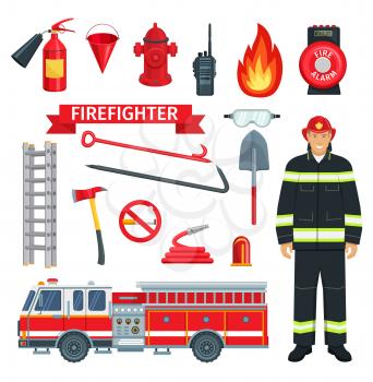 Fireman or firefighter profession and ?ire extinguishing tools. Vector icons set of fire engine truck and extinguisher, alarm and hammer with water bucket and ladder or spade and hydrant hose
