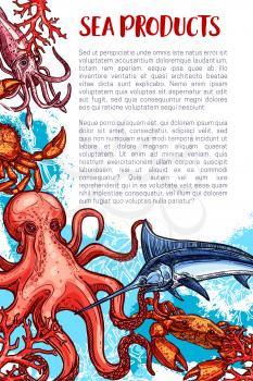 Seafood or fish sea food fishing product poster. Vector design of fisherman catch shrimps and mussels or fresh oysters, salmon, crab and octopus or tuna for restaurant menu or fishery market