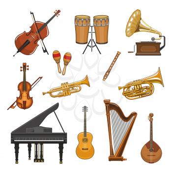Musical instruments vector icons set. Violin fiddle or contrabass and percussion drums or cymbals, maracas, harp and trumpet or saxophone. Isolated symbols of piano and banjo guitar or flute pipe