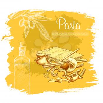 Pasta and Italian macaroni cuisine or restaurant poster of lasagna, tagliatelle or spaghetti and farfalle. Vector design of olive oil and olives branch for papardelli, ravioli or fettuccine