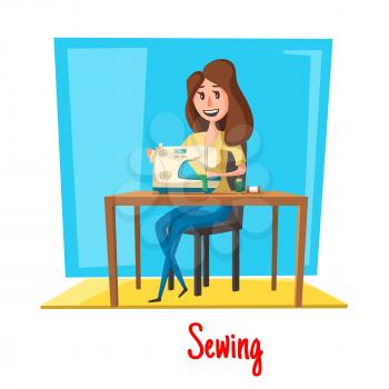 Woman sewing or or housewife dressmaker tailoring and fitting dress, wear or clothes with sewing machine, scissors or needles and threads. Vector poster design of atelier or dressmaking profession