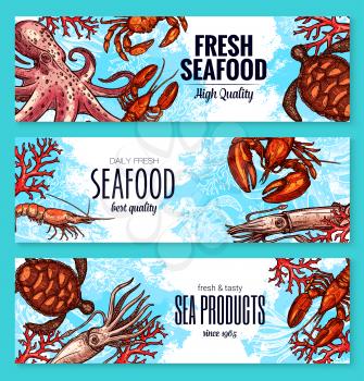 Fresh seafood or fish sea food banners of fishing big catch. Vector turtle, shrimps or prawns and crab or lobster, octopus and mussels or oysters, salmon fish and tuna for restaurant or fishery market
