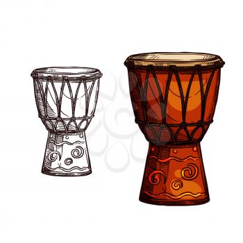 Drum musical instrument vector sketch icon. Isolated symbol of music percussion type instrument of ethnic or folk conga or jembe and timpani leather hand drum for music concert or festival design