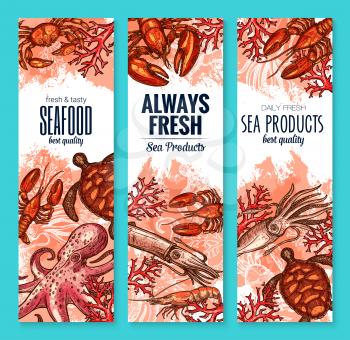 Fresh seafood banners set of fish and sea food. Vector fishing big catch of lobster, crab or shrimp prawns, turtle, octopus and mussels or oyster, salmon fish and tuna for restaurant or fishery market