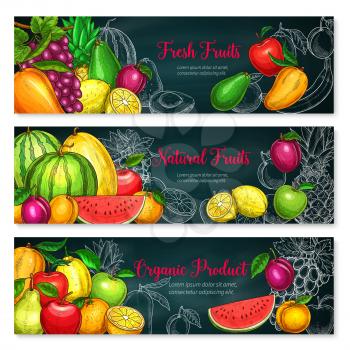 Exotic fruits banners set of fresh garden apple, apricot or peach and watermelon, pineapple or mango and papaya. Farm fresh grape, lemon citrus and plum or avocado for tropical market design