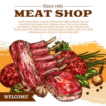 Meat shop poster of butchery products. Vector design of fresh raw mutton or pork ribs, beef tenderloin or sirloin steak and meaty cutlet or fowl mincemeat for gourmet cuisine