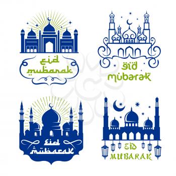 Ramadan Kareem and Eid Mubarak symbol set. Muslim mosque with minaret, Ramadan lantern, crescent moon and star, adorned by arabic ornament for holy month Ramadan celebration greeting card design