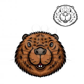 Beaver animal head cartoon icon. Brown beaver, amphibious rodent with pair of sharp tooth and short fur. Zoo mascot, t-shirt print, forest wildlife theme design