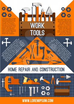 Home repair and construction work tools poster. Vector design of toolbox kit or house fix carpentry and building instruments of hammer, screwdriver or wrench and drill, ruler or trowel and paint brush