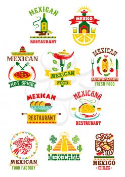 Mexican restaurant or fast food bar icons set. Vector isolated symbols of sombrero and agave cactus, tequila bottle and burrito or nachos in salsa sauce or soup, spicy chili pepper for Mexico cuisine