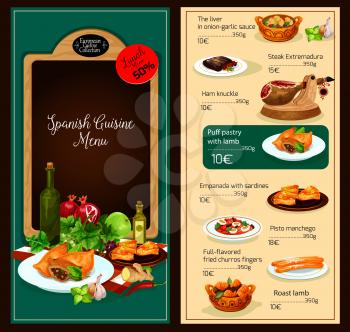 Spanish cuisine restaurant lunch menu vector template of liver in onion-garlic sauce, steak extemadura, ham knuckle and lamb puff pastry, sardines empanada or pisto manchego and fried churros fingers