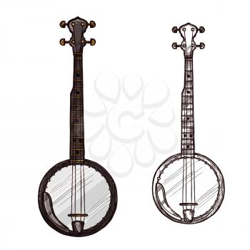 Banjo guitar string musical instrument. Vector sketch symbol of folk or national guitar of plucking type with three strings for ethnic music concert or festival design