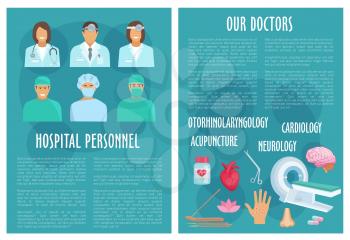 Hospital doctors and medical healthcare departments brochure of cardiology heart pills and stethoscope, otolaryngology otoscope and syringe, neurology mri scanner and acupuncture medicine needles