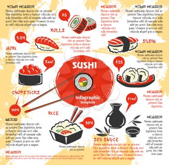 Sushi bar menu template with prices for sushi rolls, fish sashimi and seafood dishes. Vector Japanese cuisine noodles or miso soups and prawn shrimps tempura, steamed rice or soy sauce and chopsticks
