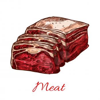Raw beef meat slice or lump sketch icon. Vector isolated symbol of pork ham tenderloin or sliced steak or lamb brisket on ribs for butchery shop and framer meat product or restaurant design