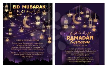 Eid Mubarak and Ramadan Kareem posters set for Muslim religious holiday greetign. Vector mosque in crescent moon and twinkling star with Arabic calligraphy for traditional Islamic festival celebration