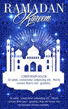 Ramadan Kareem greeting card or poster of blue mosque, crescent moon and twinkling star with Arabic ornate text calligraphy for Islam Muslim religious Ramadan holiday celebration