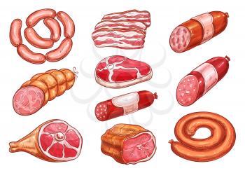 Sausage and meat sketch set. Fresh beef steak, pork sausage, ham, salami, bacon slices, gammon, pepperoni and bologna isolated icon for meat store, butcher shop or farm market food packaging design