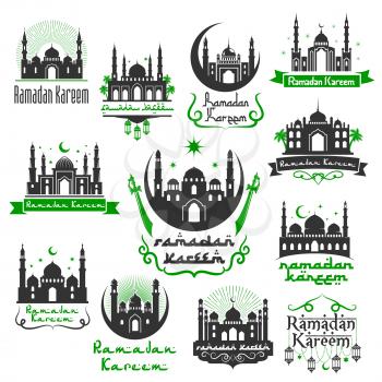 Ramadan Kareem Muslim traditional religious holiday greetings design of mosque with lanterns, crescent moon and twinkling star and Arabic calligraphy. Vector isolated icons set for Ramadan celebration