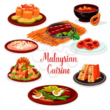 Malaysian cuisine restaurant menu with traditional asian food. Fried rice with shrimp and green bean, seafood risotto, grilled chicken, stuffed tofu, fish and vegetable salads, papaya soup, donut