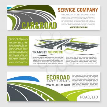 Road and transportation services banner set. Road and highway symbols with rural roadway, speedy asphalt freeway and modern interchange with text layout for building company, travel agency design