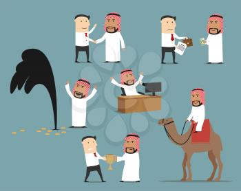 Saudi arabian businessman character set. Arab businessman working on computer, shaking hand with business partner, celebrating international agreement and discovering new oil well, riding on camel