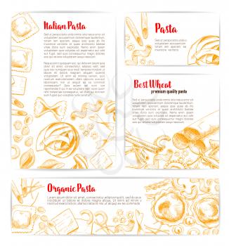 Italian pasta, natural organic macaroni product poster and banner template. Spaghetti, penne, farfalle, ravioli, lasagna and fusilli. Italian cuisine restaurant web banner, food packaging design