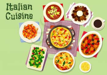 Italian cuisine healthy dishes for lunch icon with tomato soup, meat lasagna with cheese, mushroom stew, pork pepper stew, broccoli with garlic sauce, vegetable omelette, cream dessert with chestnut