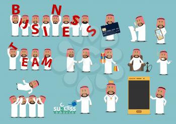 Successful arabian businessman cartoon character set. Arab businessmen with Business Team letters, shaking hands with business partner, standing with credit card, mobile phone, coffee and crown