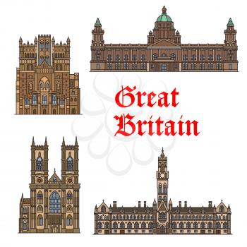 English travel landmark of Great Britain icon set. Gothic church Westminster Abbey, Durham Cathedral, Bradford City Hall and Belfast City Hall thin line symbol for travel and tourism design