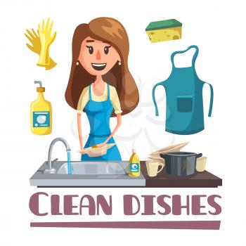 Woman washing dishes by hand in sink cartoon poster. Young housewife in apron and household gloves cleaning dishes, pot and cup with dish soap and sponge for household chores concept design