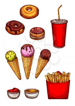 Fast food lunch snack, sweet drink and dessert isolated sketch. French fries with ketchup and mustard sauce, takeaway cup of soda, glazed donut and ice cream cone. Fast food restaurant menu design