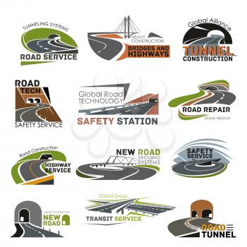 Road construction isolated icon set. Road bridge and tunnel building, highway interchange safety service, road repair technology symbol for development and construction company, transportation design